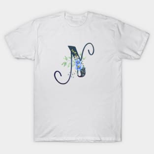 Floral Monogram N Wild Blue Flowers T-Shirt